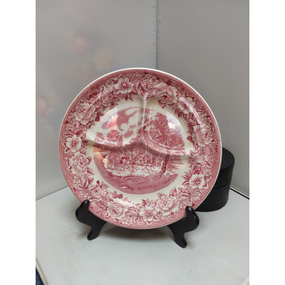 VINTAGE SHENANGO ROSELYN CASTLE RED GRILL PLATE DIVIDED TRANSFERWARE